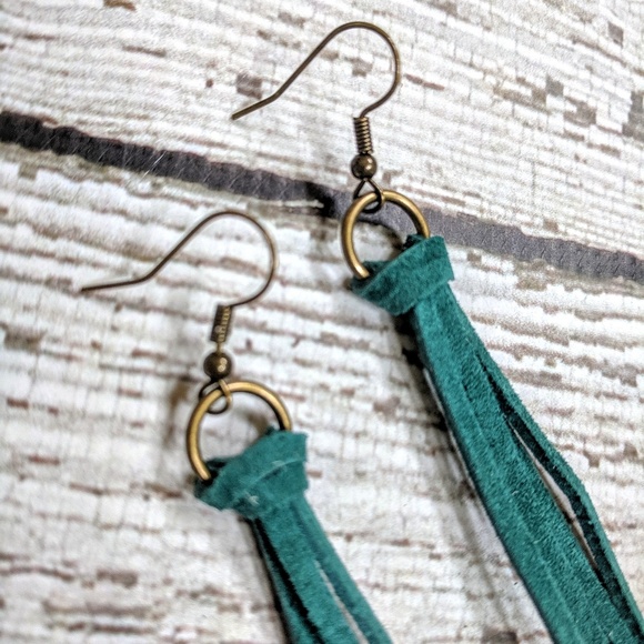 Artisan Turquoise Leather fringed earrings - Picture 3 of 3